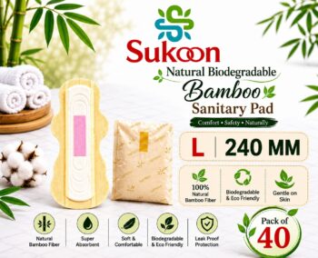 Sukoon Bamboo Biodegradable Sanitary Pad I Rash Free I Ultra- Absorbent I 240 mm (Large) - 40 Pieces