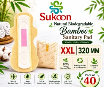 Sukoon Bamboo Biodegradable Sanitary Pad I Rash Free I Ultra- Absorbent I 320 mm (XXL) - 40 Pieces