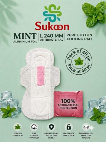 Sukoon Menthol Cooling Sanitary Pad I Rash Free I Ultra- Absorbent I 240 mm (Large) - 40 Pieces